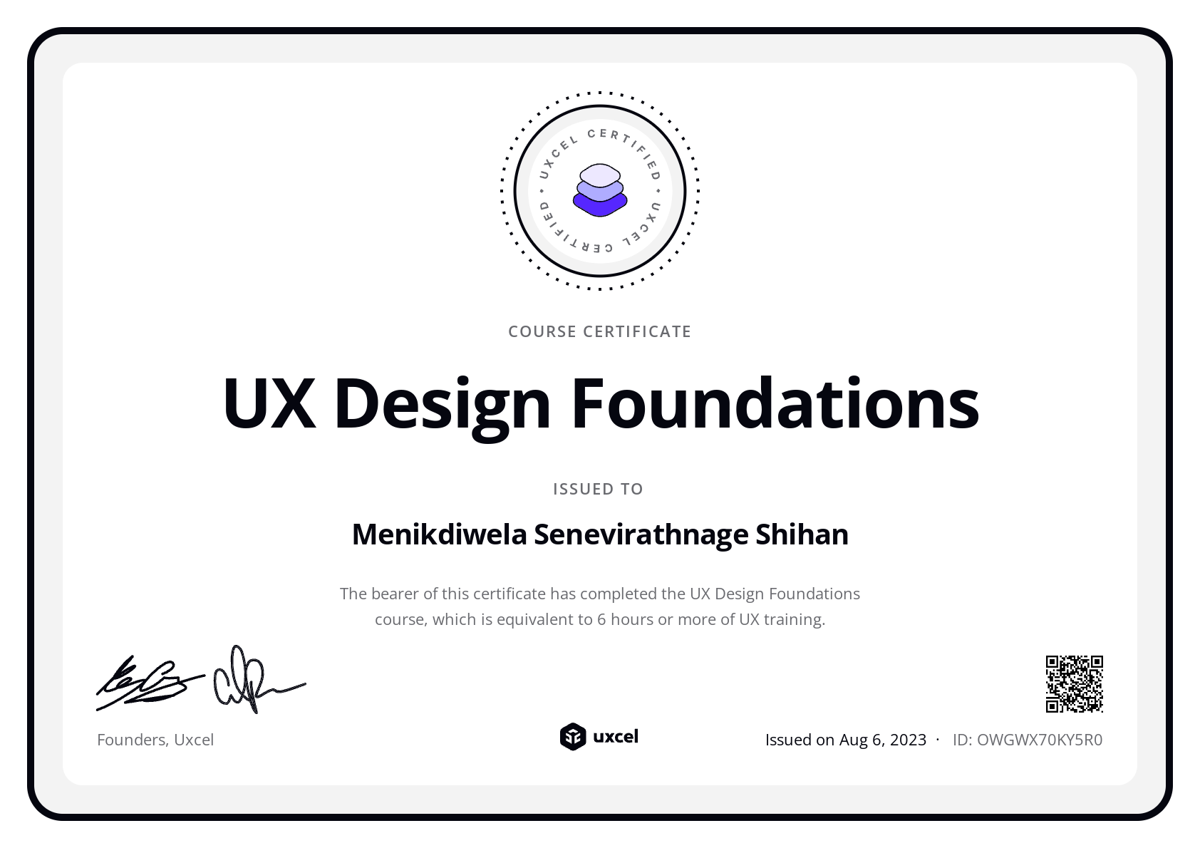 Shihan Menikdiwela's certificate